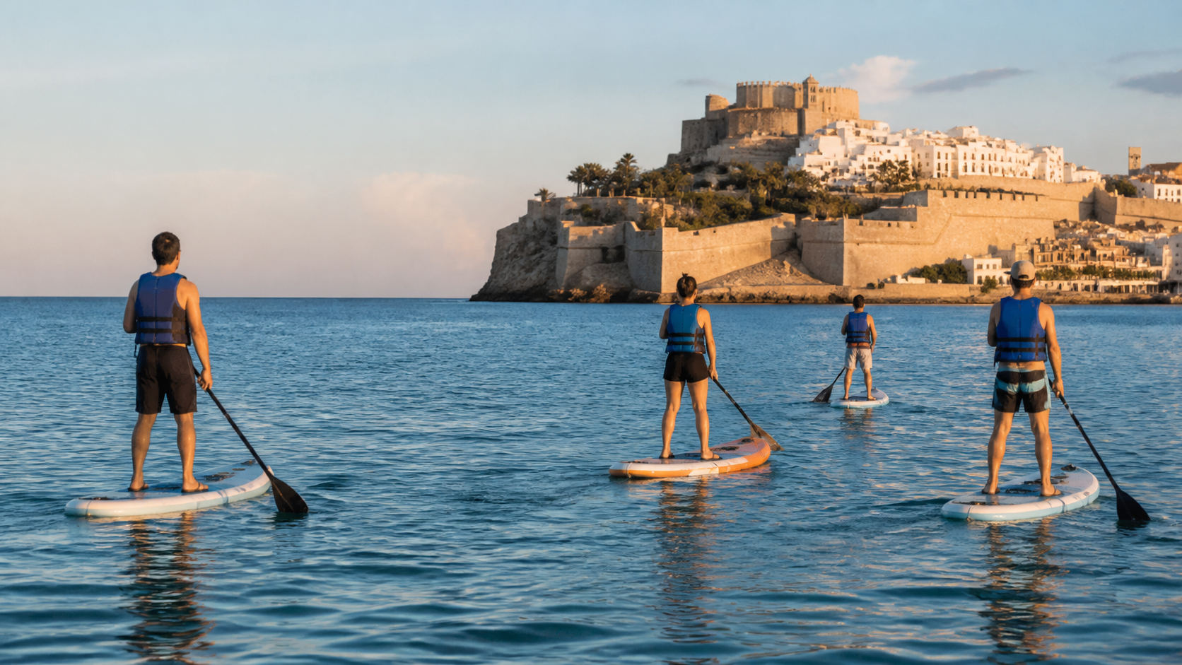 Recreación generada con IA de un grupo de personas adultas practicando paddle surf frente al casco antiguo de Peñíscola