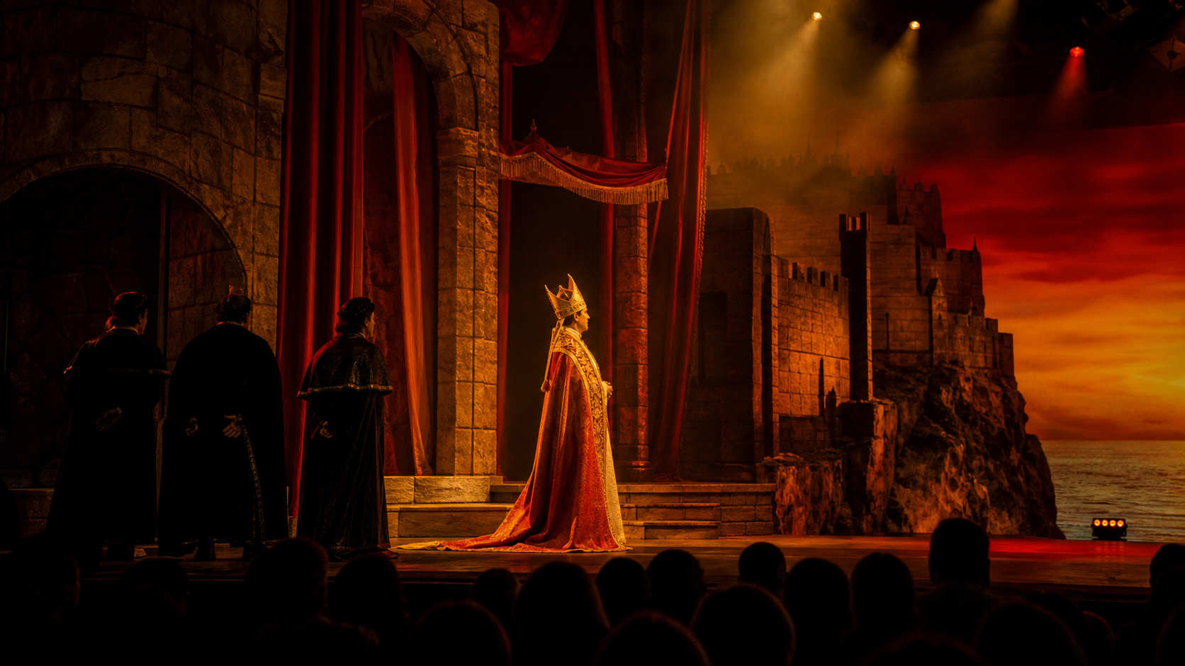 Recreación generada con IA de una escena teatral sobre Benedicto XIII ante una escenografía medieval