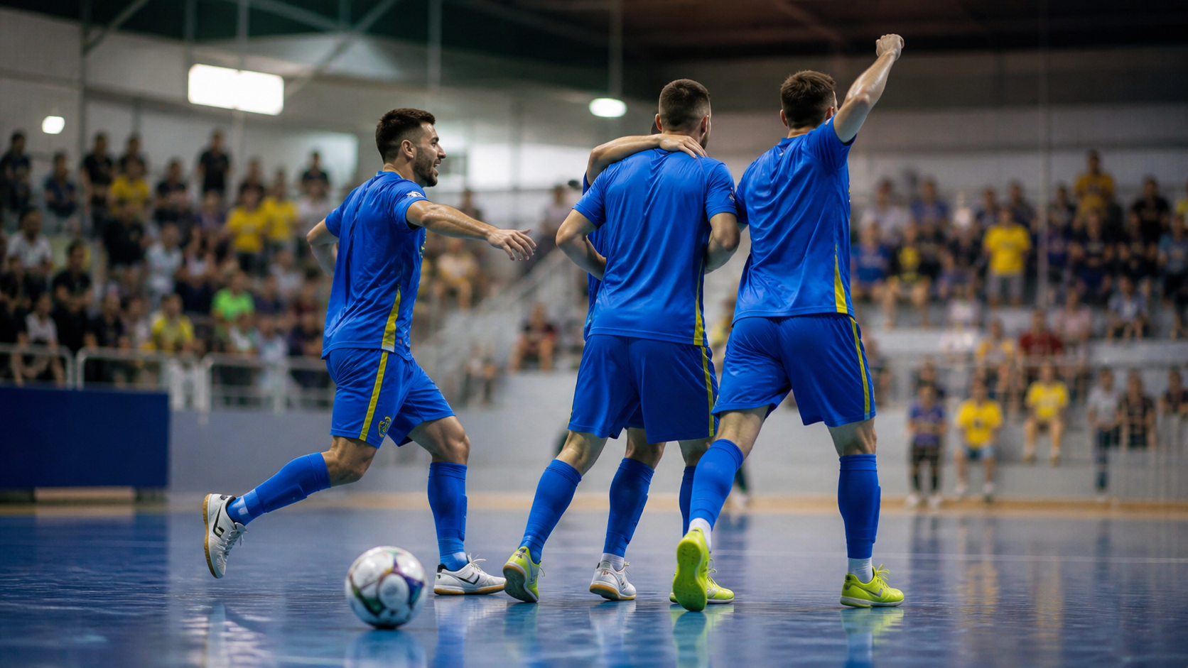 Recreación generada con IA de varios jugadores de fútbol sala vestidos de azul celebrando un gol en un pabellón