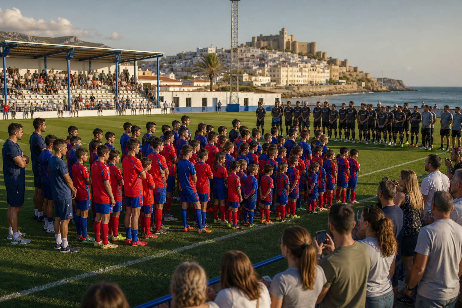 Recreación generada con IA de equipos de fútbol base reunidos para una presentación en un campo municipal mediterráneo