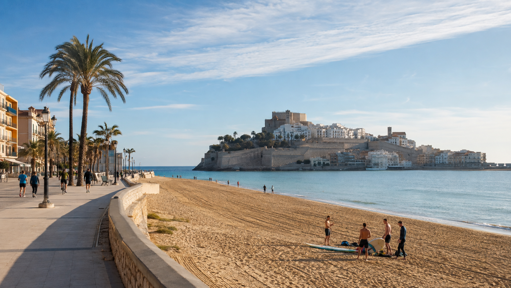Recreación generada con IA de una playa y un paseo marítimo con cielo despejado y nubes altas