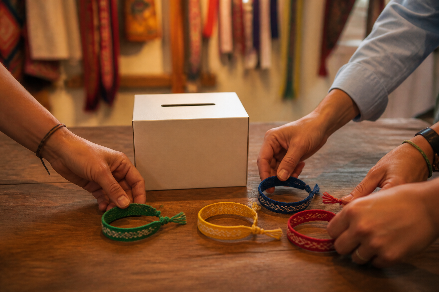 Recreación generada con IA de cuatro pulseras textiles y una caja de aportaciones sobre una mesa
