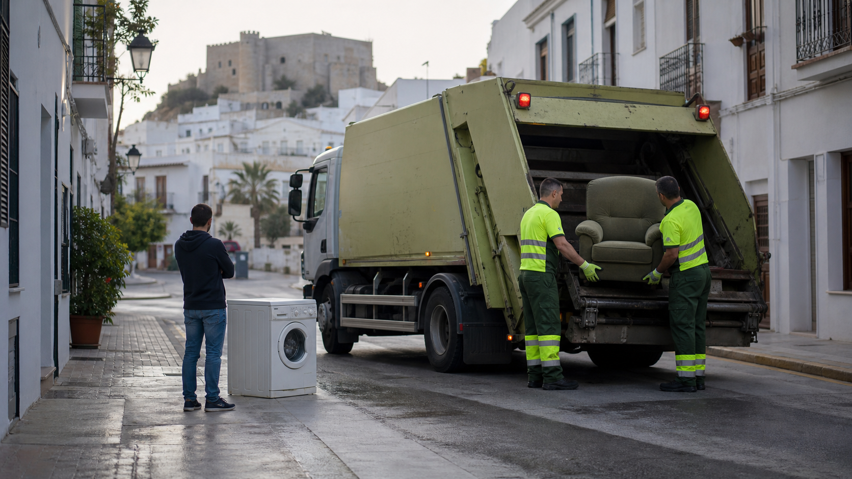 Recreación generada con IA de la recogida concertada de un sillón y una lavadora en Peñíscola