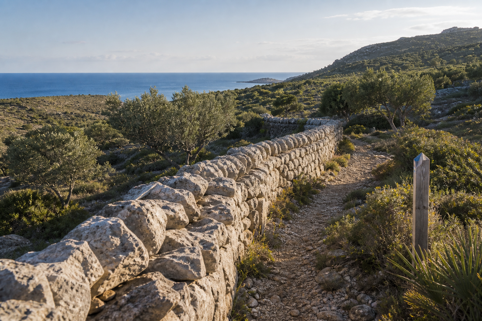 Muro tradicional de piedra seca junto a un sendero mediterráneo y el mar