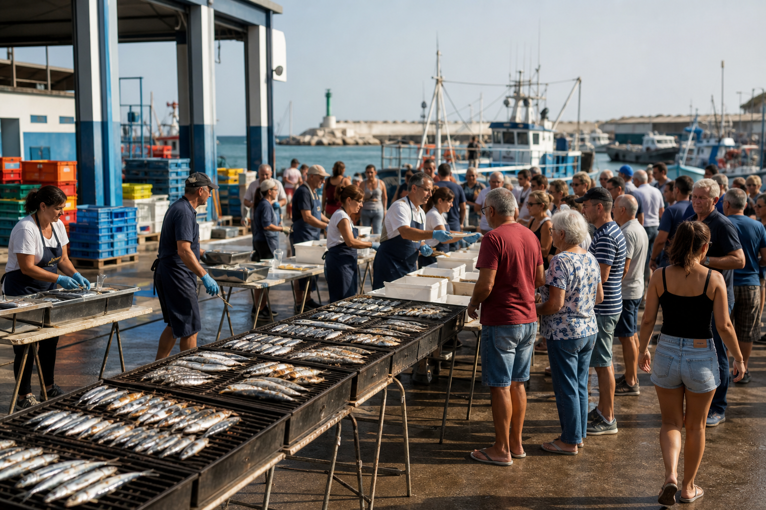 Recreación generada con IA de una sardinada popular en una lonja pesquera mediterránea