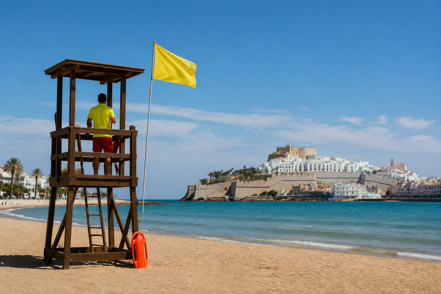 Recreación generada con IA de un socorrista vigilando una playa de Peñíscola desde una torre