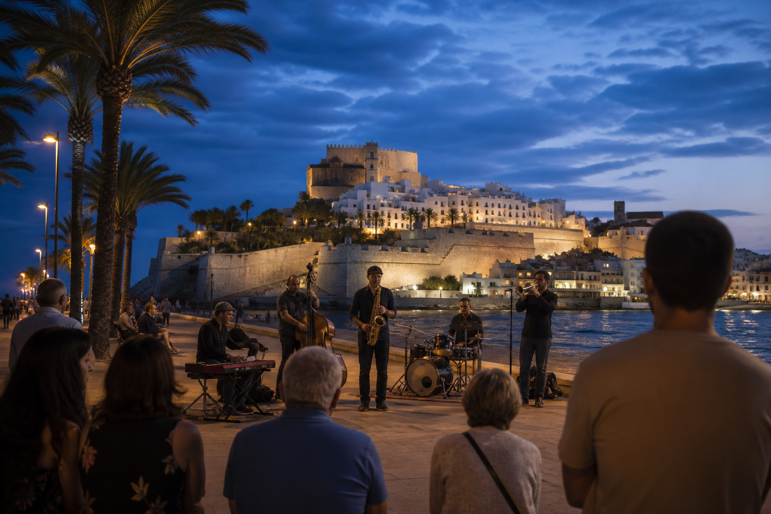 Recreación generada con IA de un quinteto de jazz actuando al anochecer junto al paseo de Peñíscola