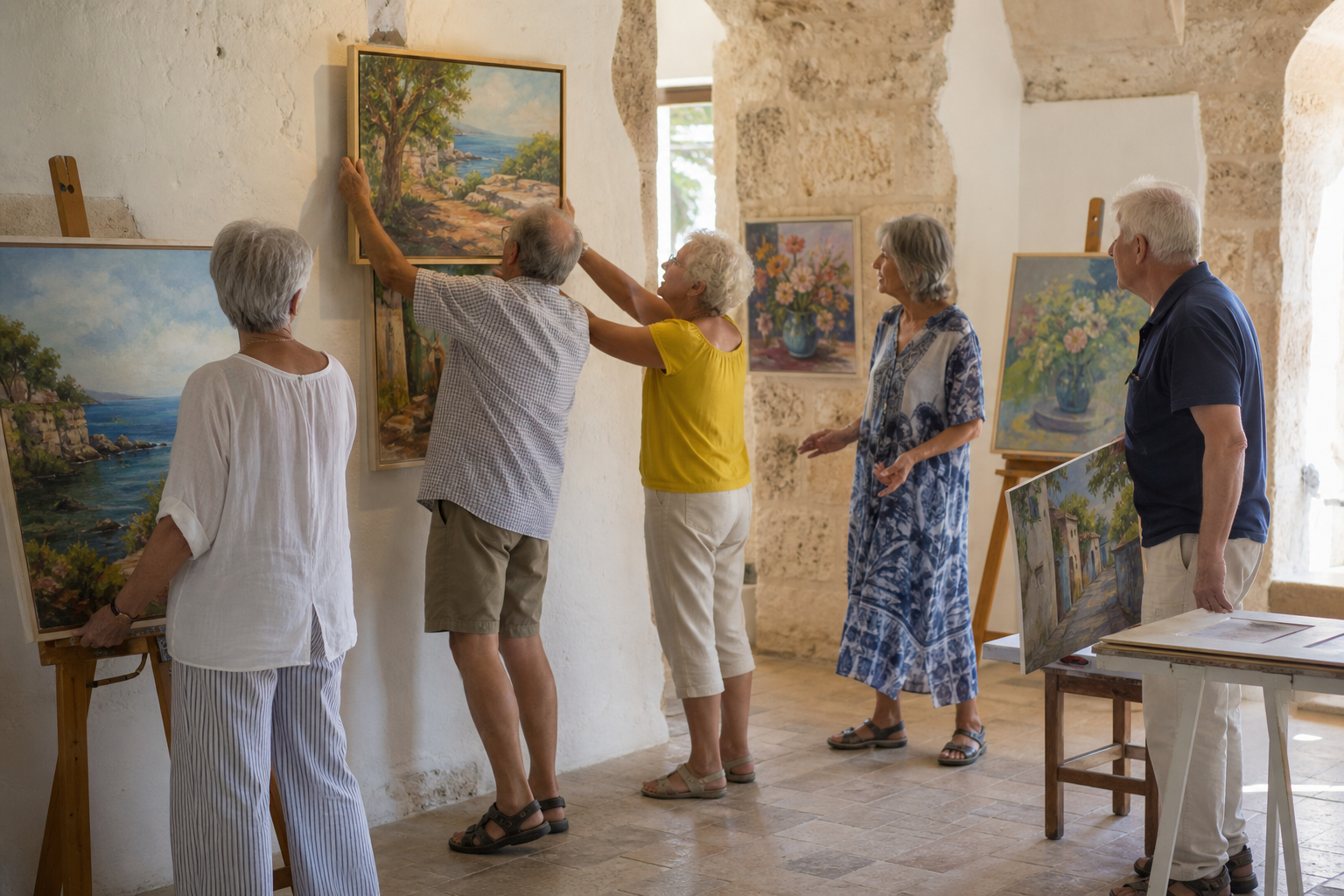 Recreación generada con IA de un grupo de mayores preparando una exposición colectiva de pintura