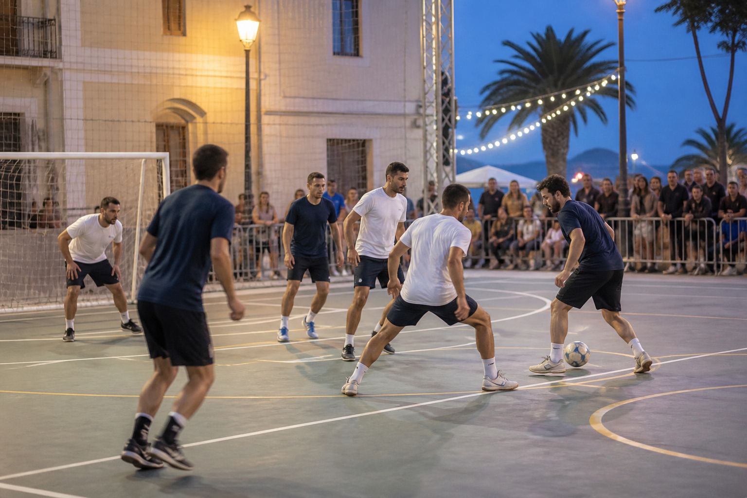 Recreación generada con IA de un partido amateur de fútbol sala 4x4 en una pista festiva
