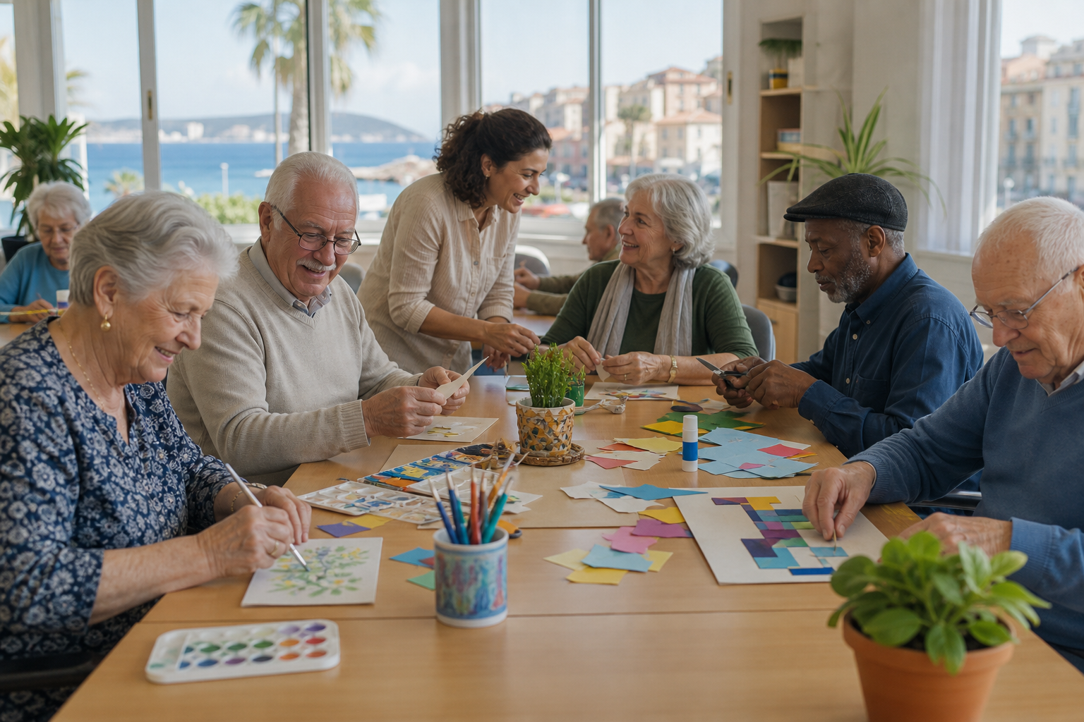Recreación generada con IA de mayores realizando manualidades en un centro comunitario mediterráneo