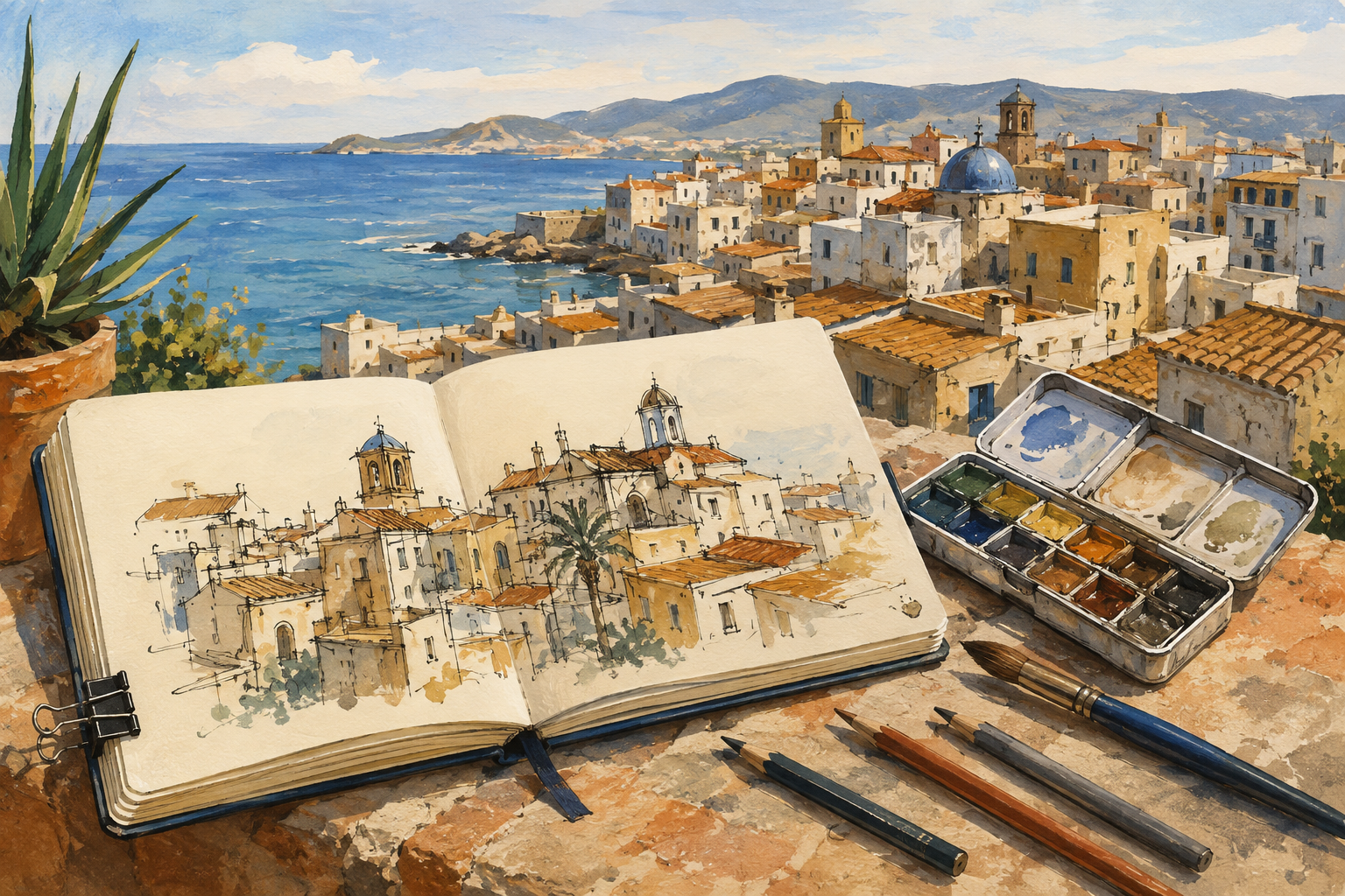 Ilustración generada con IA de un cuaderno de dibujo y materiales artísticos ante un paisaje mediterráneo imaginado