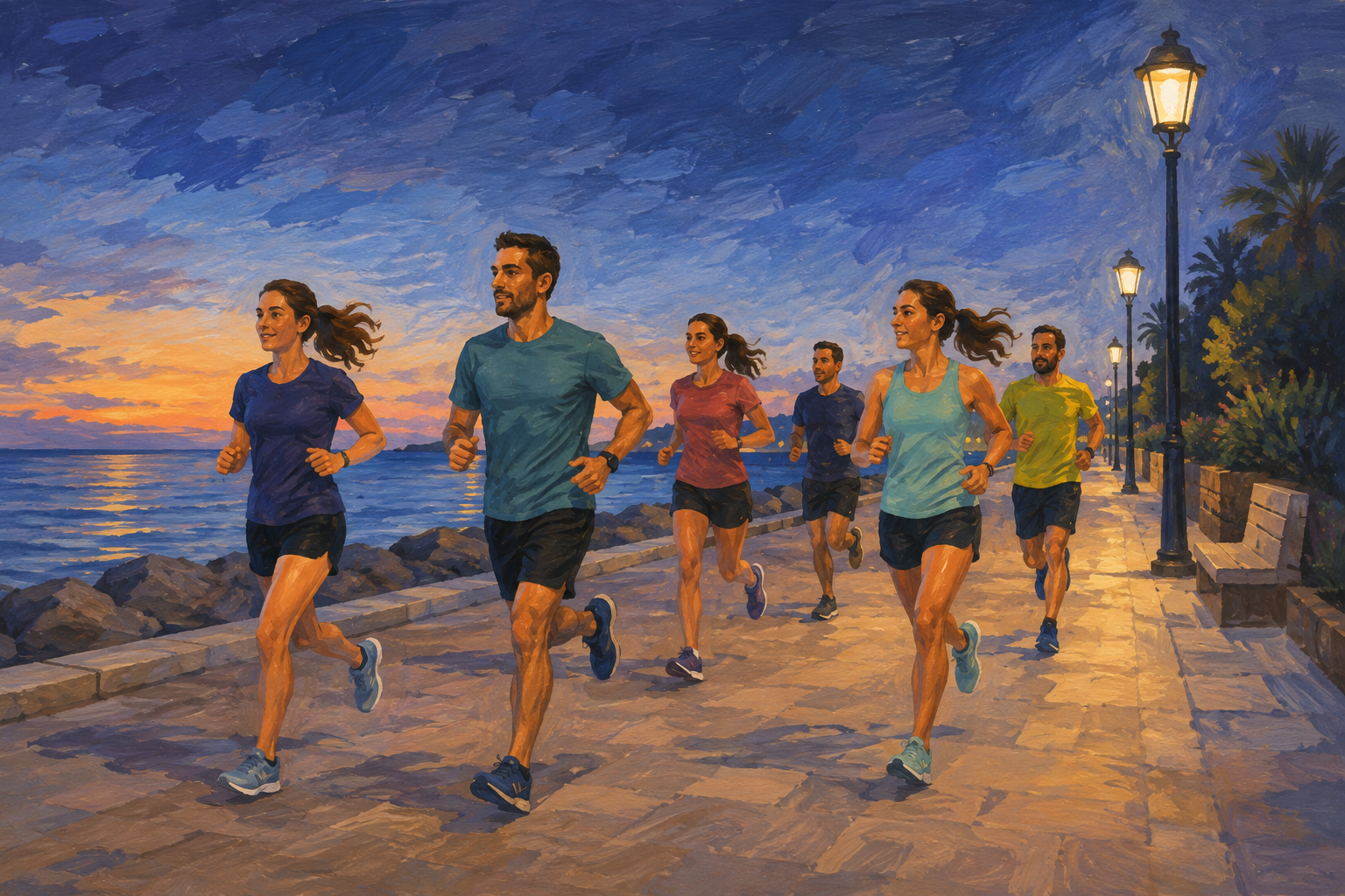 Ilustración generada con IA de corredores adultos en un paseo mediterráneo al anochecer