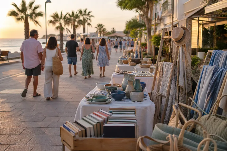 Puestos de comercio y artesanía en un paseo marítimo al atardecer