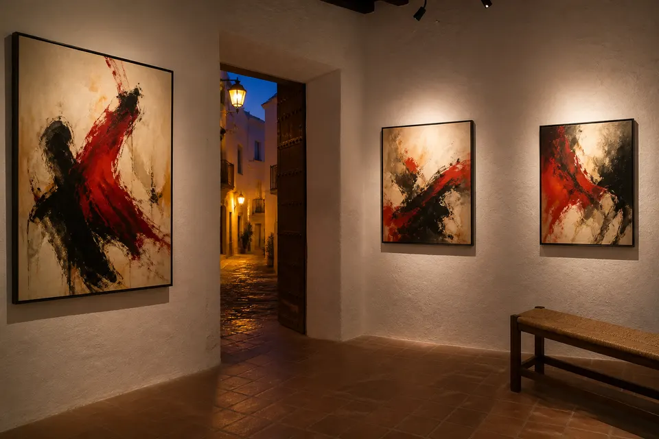 Recreación generada con IA de una sala de exposiciones con pinturas abstractas inspiradas en el movimiento flamenco
