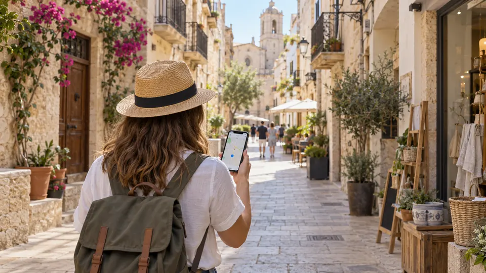 Visitante anónimo consulta un teléfono en una calle mediterránea ficticia, imagen generada con IA