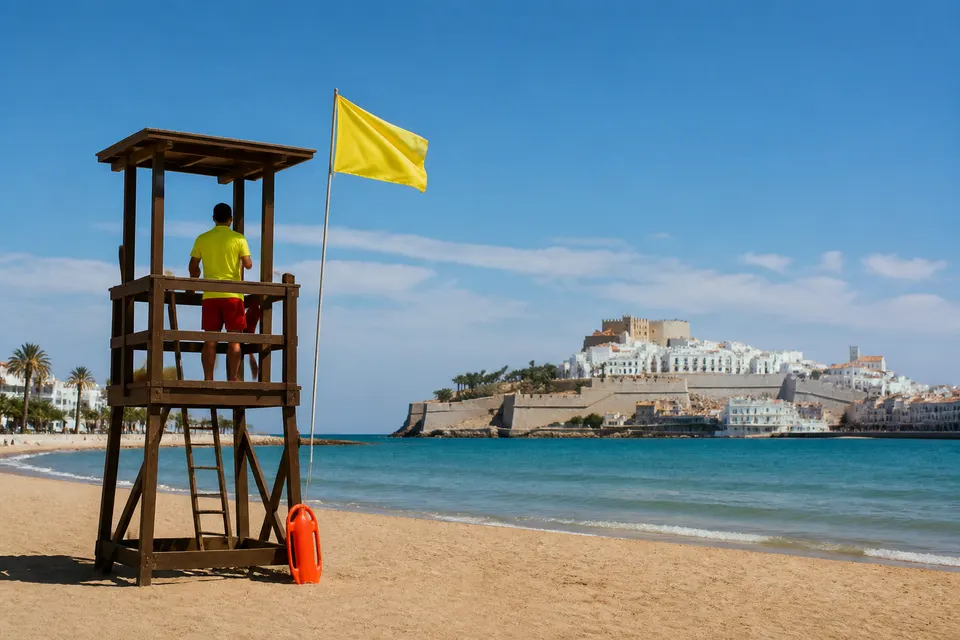 Recreación generada con IA de un socorrista vigilando una playa de Peñíscola desde una torre