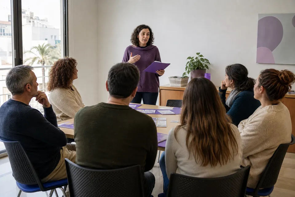 Recreación generada con IA de una formación de personas voluntarias con material informativo violeta