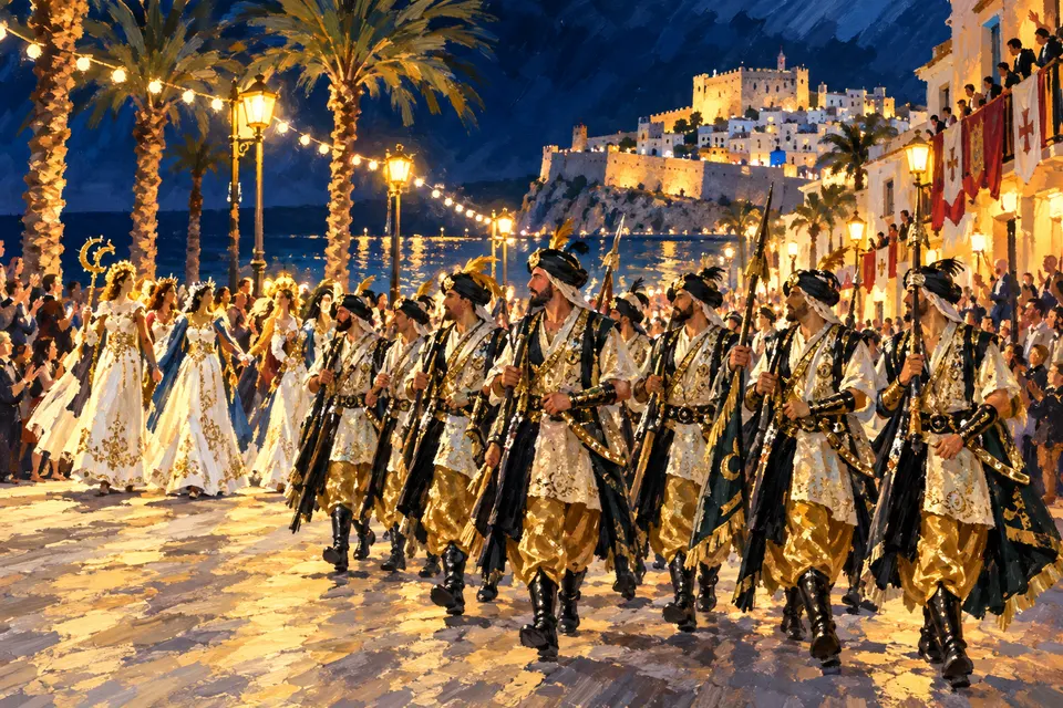 Ilustración generada con IA de un desfile festivo imaginario de Moros y Cristianos en una ciudad costera mediterránea por la noche