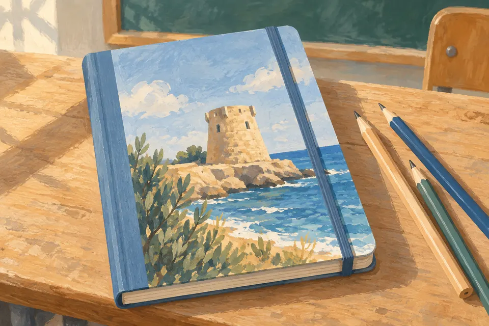 Ilustración conceptual de un cuaderno escolar y lápices con una torre mediterránea imaginada