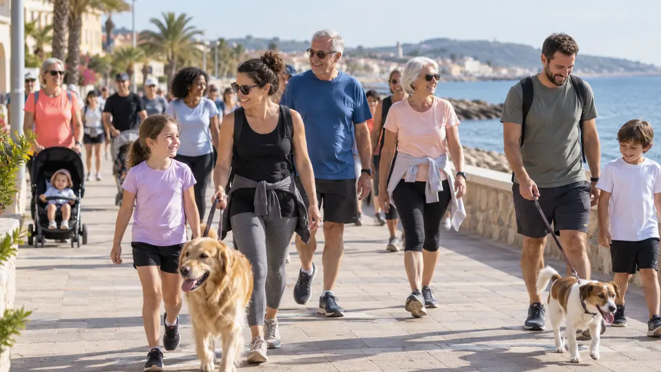 Personas de varias edades pasean por un paseo marítimo ficticio con perros, imagen generada con IA