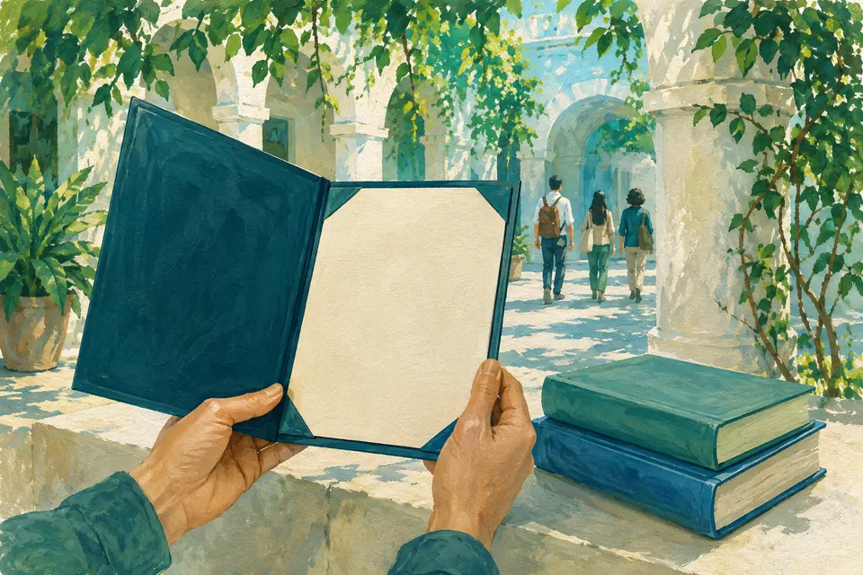 Ilustración generada con IA de unas manos sosteniendo una carpeta en blanco, libros y estudiantes anónimos en un patio mediterráneo