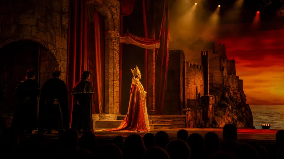 Recreación generada con IA de una escena teatral sobre Benedicto XIII ante una escenografía medieval