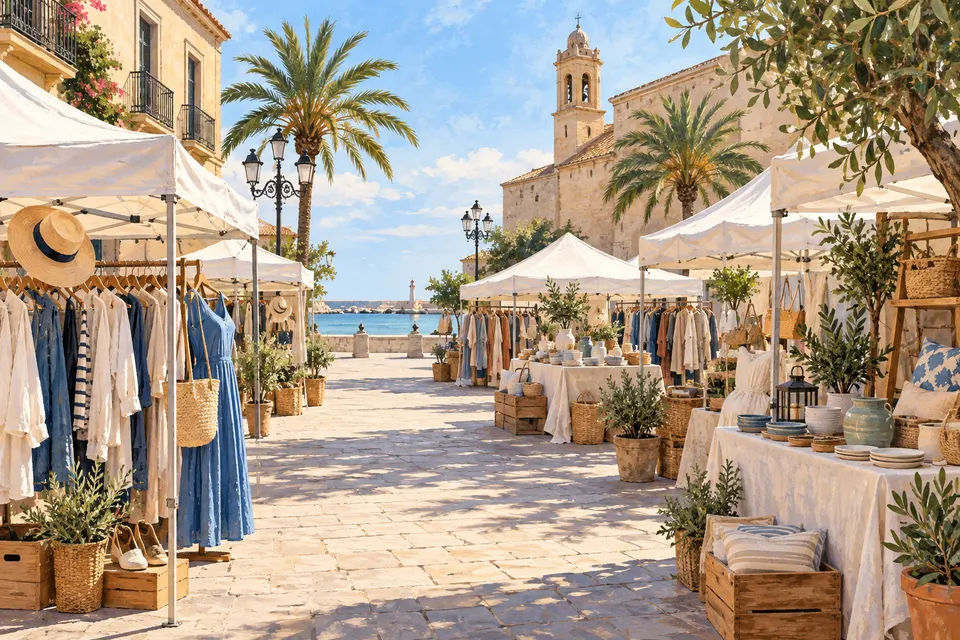 Ilustración generada con IA de carpas de comercio local con ropa y artículos de hogar en una plaza imaginada