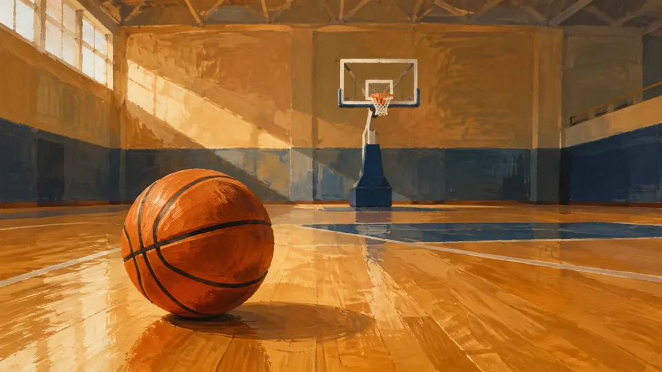 Ilustración generada con IA de un balón de baloncesto sobre parquet y una canasta en un pabellón imaginado