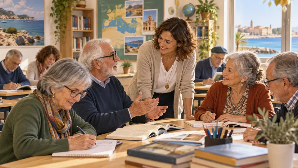 Ilustración generada con IA de personas adultas estudiando en una clase mediterránea ficticia