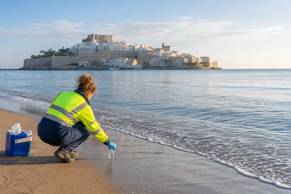 Ilustración generada con IA de una técnica tomando una muestra de agua en una playa de Peñíscola
