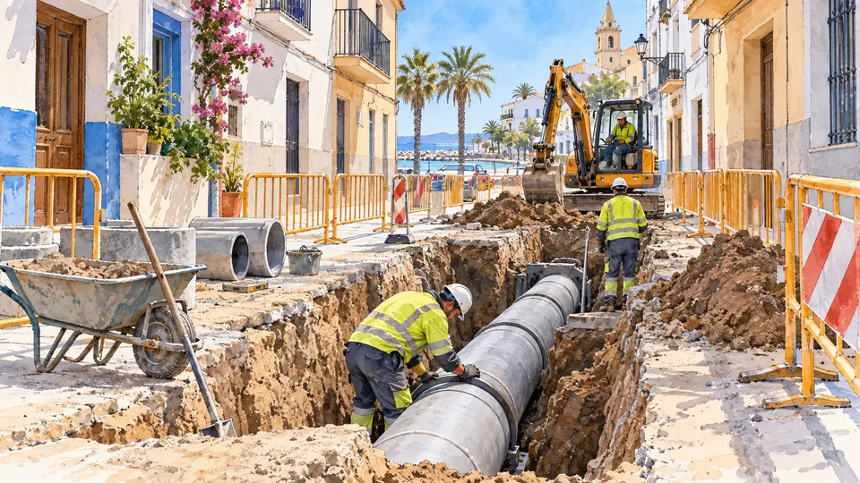 Recreación con IA de una obra de saneamiento en una calle mediterránea ficticia
