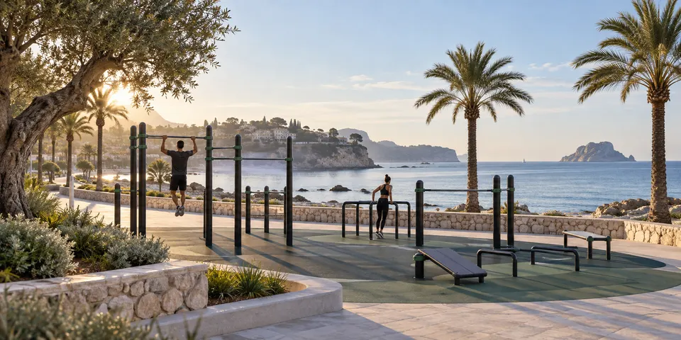 Ilustración generada con IA de un parque de calistenia ficticio junto al mar