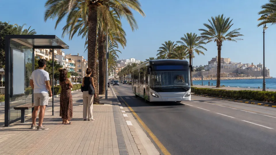 Recreación generada con IA de un autobús urbano sin marca llegando a una parada en una avenida mediterránea