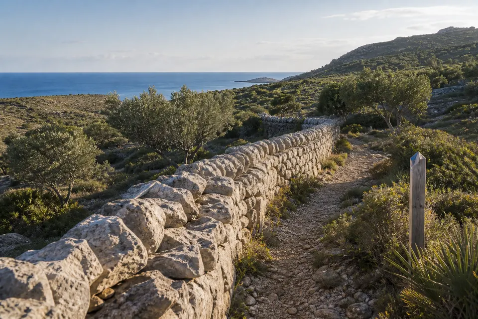 Muro tradicional de piedra seca junto a un sendero mediterráneo y el mar