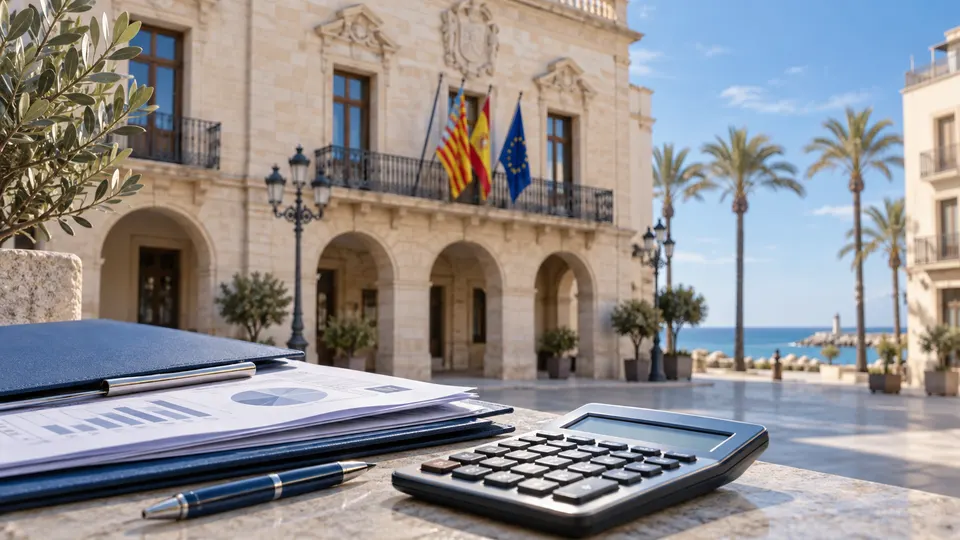 Ilustración generada con IA de un ayuntamiento mediterráneo imaginario y documentos presupuestarios