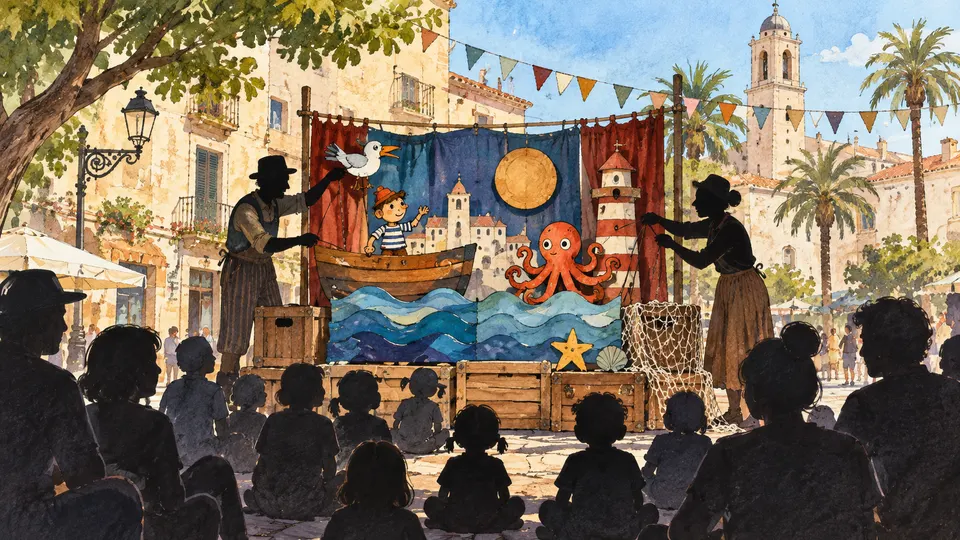 Recreación con IA de una representación familiar imaginaria en una plaza mediterránea