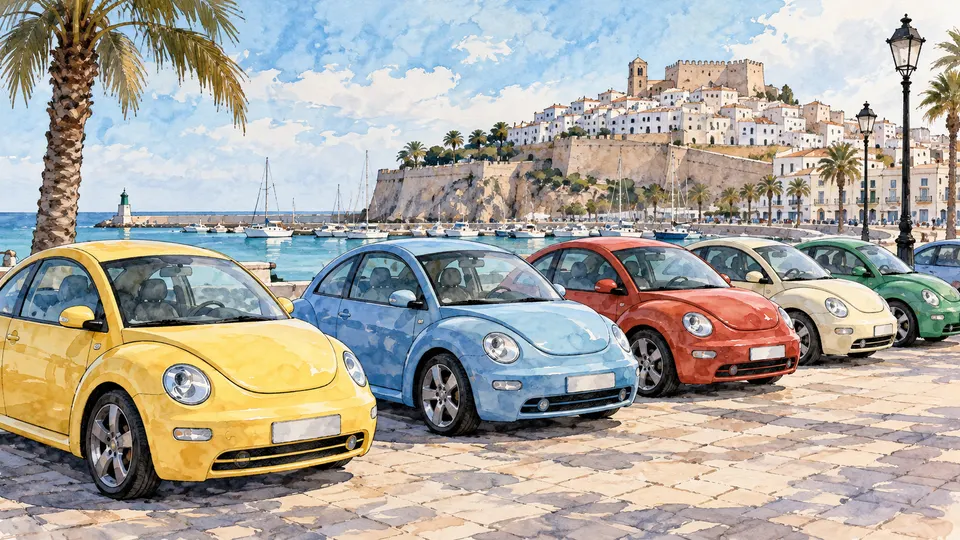 Recreación generada con IA de automóviles compactos imaginarios junto a un puerto mediterráneo