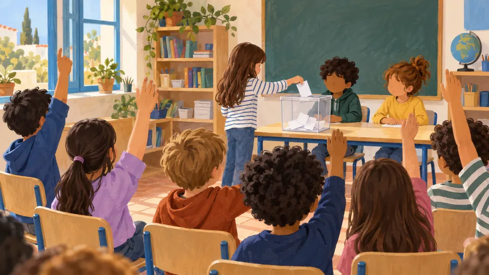 Ilustración generada con IA de una asamblea escolar ficticia con niños votando