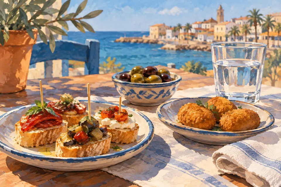 Ilustración conceptual generada con IA de tapas genéricas y agua ante un paisaje mediterráneo imaginado