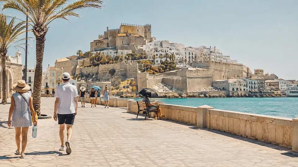 Recreación generada con IA de un paseo mediterráneo bajo un sol intenso y con personas buscando sombra