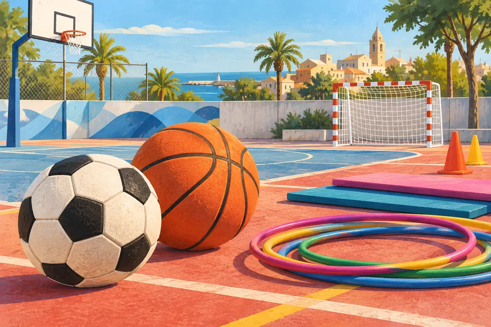 Ilustración generada con IA de pelotas, aros y colchonetas en una pista deportiva mediterránea imaginada