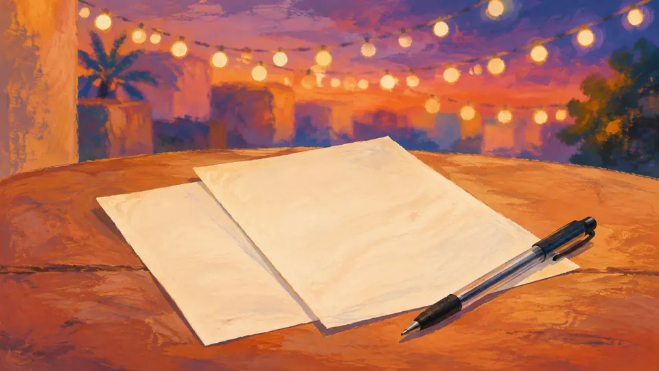 Ilustración generada con IA de dos hojas y un bolígrafo ante unas luces festivas imaginadas
