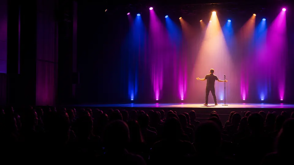 Recreación generada con IA de un humorista genérico actuando ante el público en un auditorio