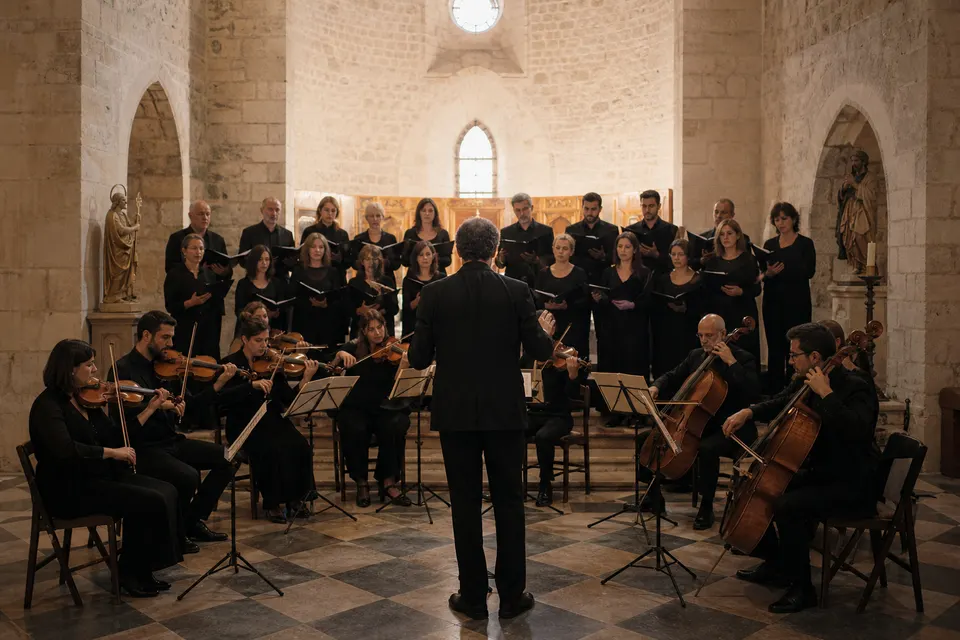 Recreación generada con IA de una coral y una orquesta de cámara actuando en una iglesia histórica mediterránea