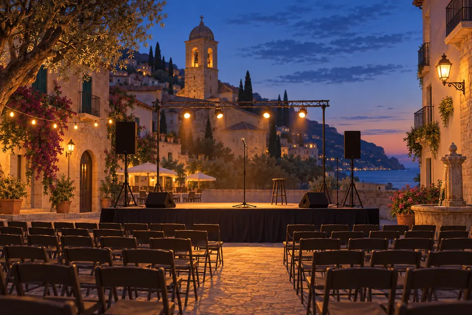 Escenario ficticio preparado para un concierto nocturno en una plaza mediterránea imaginaria, generado con IA