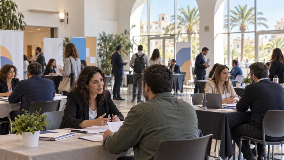 Escena ficticia generada con IA de entrevistas de empleo en un centro mediterráneo imaginario
