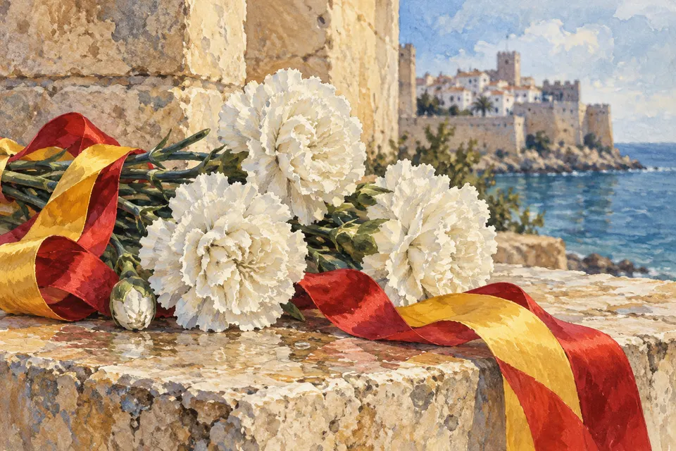 Ilustración conceptual de claveles blancos y cintas festivas junto a un paisaje costero imaginado