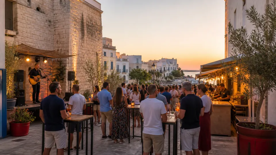 Recreación generada con IA de un recinto festivo vespertino con música y puestos gastronómicos en una calle mediterránea