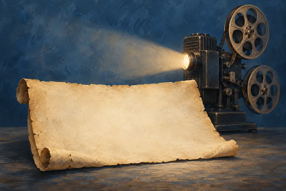 Ilustración editorial de un pergamino en blanco junto a un proyector de cine
