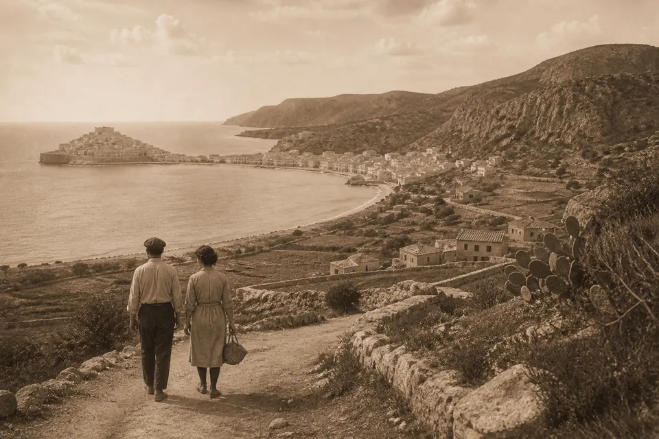 Recreación histórica generada con IA de dos personas contemplando la antigua costa habitada de Peñíscola en tonos sepia